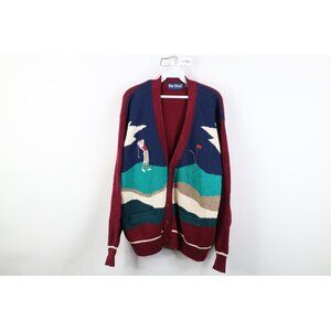 Vtg 90s Streetwear Mens Large Abstract Golf All Over Print Knit Cardigan Sweater